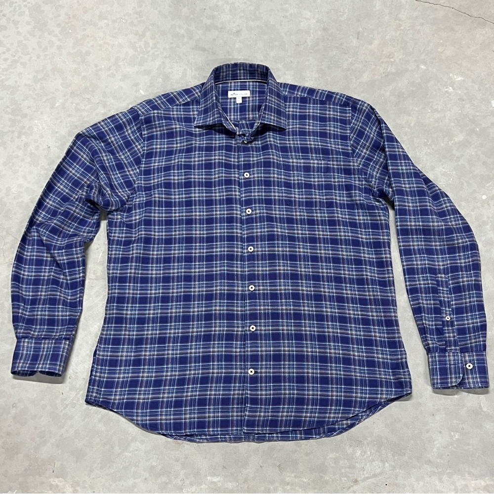 Peter Millar Hugh Flannel Sport Shirt Mens Size Large Navy Blue Long Sleeve